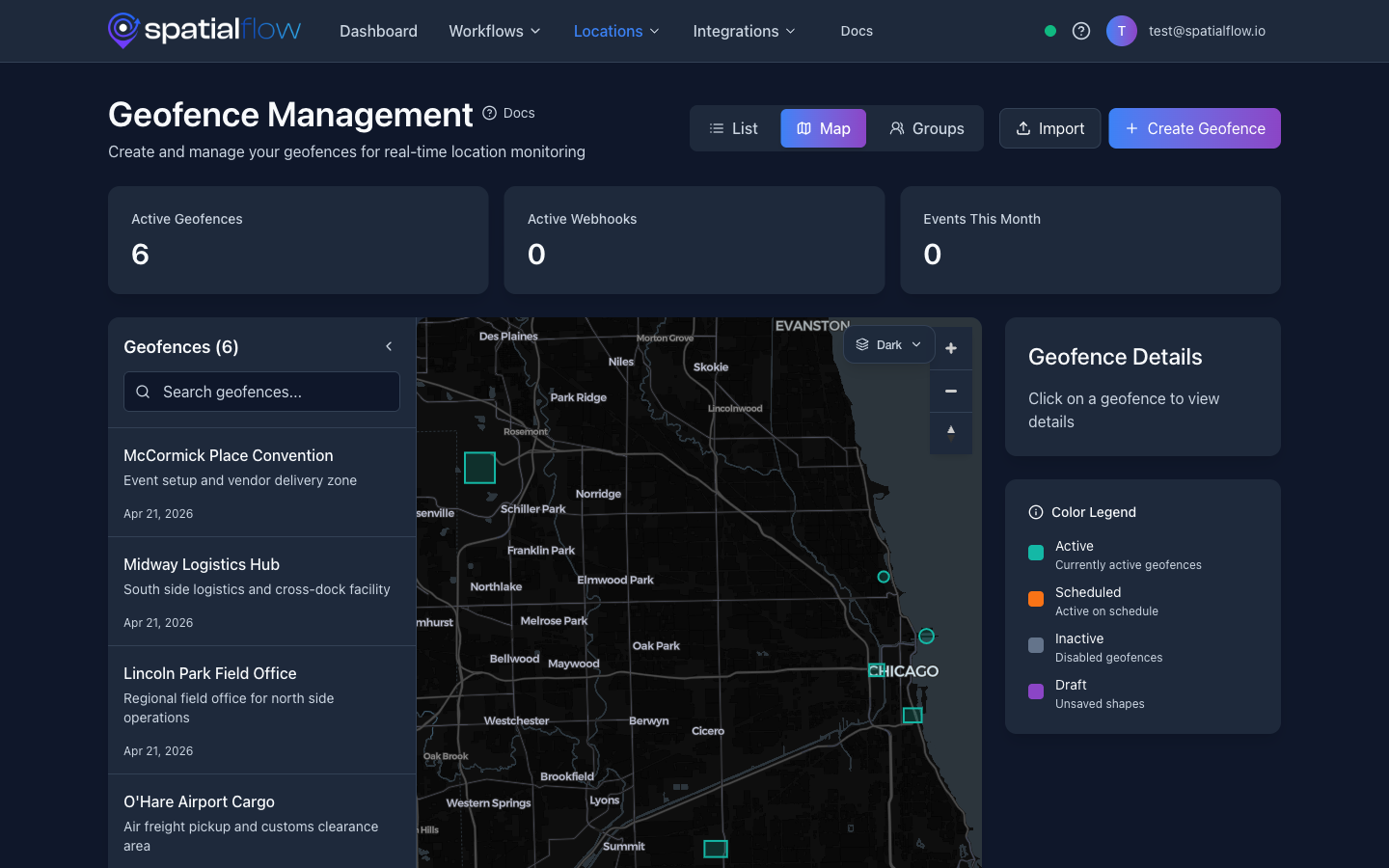 Geofence management with spatial boundaries on an interactive map