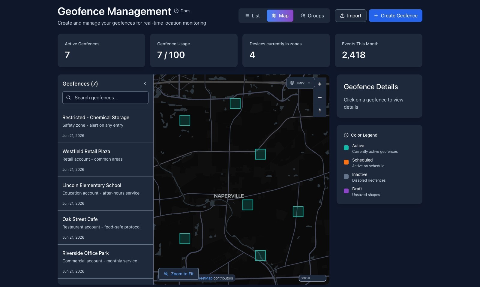 SpatialFlow geofence workspace showing named job sites and zones on a live map with a status legend